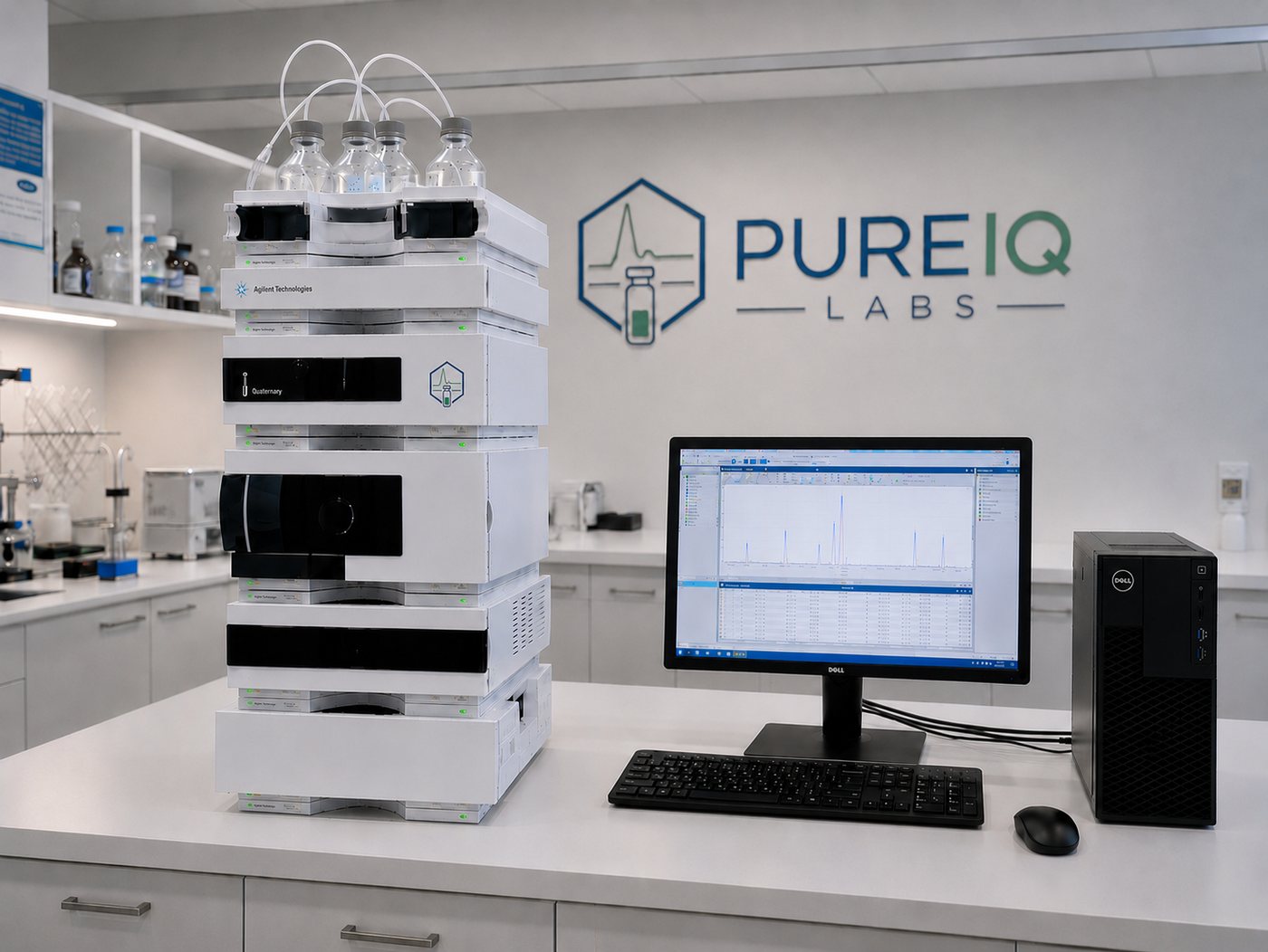 High performance liquid chromatography instrument stack in the PureIQ Labs analytical testing lab