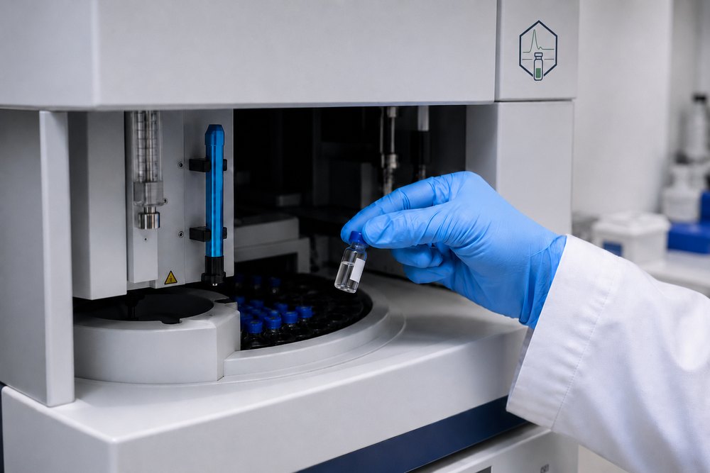 Gloved hand loading a sample vial into the autosampler of an analytical instrument at PureIQ Labs